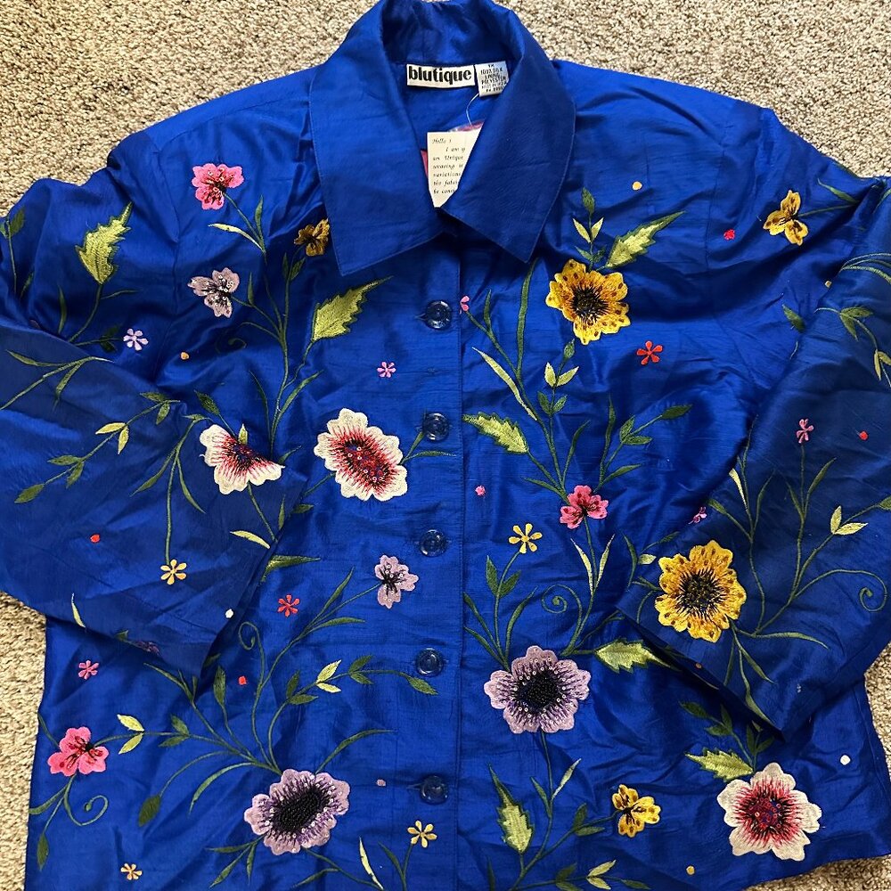 VTG Blutique - ROYAL BLUE SILK Embroidered Jacket w/ FLOWERS - Size 1X - New NWT